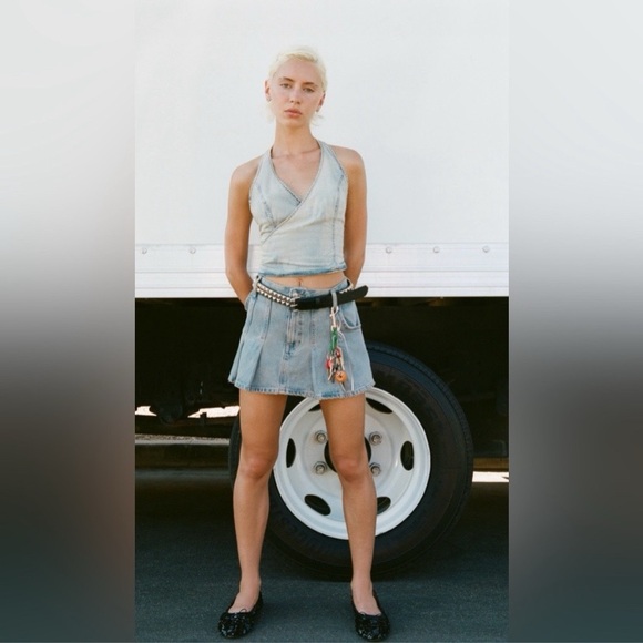 π ZARA DENIM ACID WASH HALTER STYLE BACK TIE CROP TOP! - Picture 6 of 15